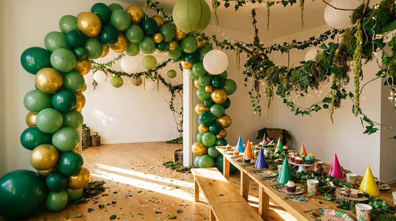 Sala decorada para una fiesta infantil de El Bosque Mágico
